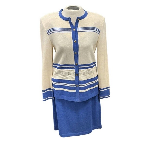 ST. JOHN‎ 3 Piece Blue White Knit Suit Gold Button Jacket Size 8 Skirt Size 14 - Picture 1 of 16